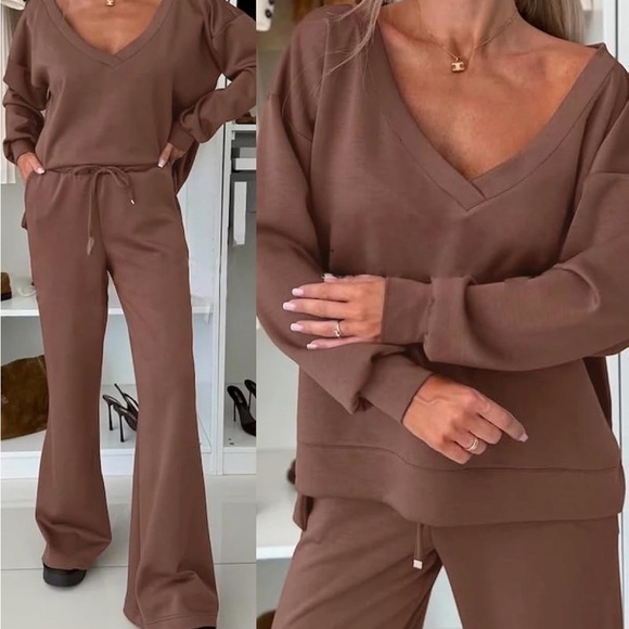 Amazon Pants - 2 Piece Lounge Sets V Neck Sweatsuit Wide Leg Tracksuit